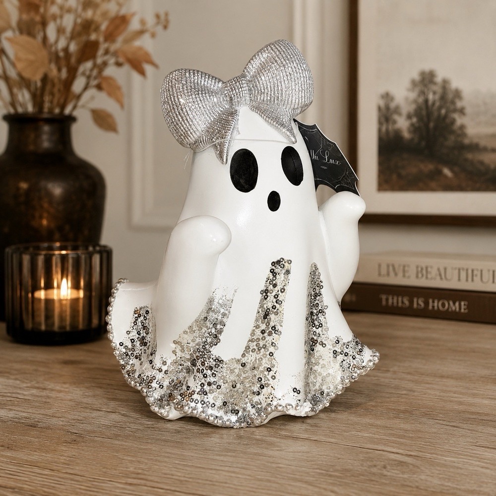 Bella Lux Sequined Girl Ghost With Bow Figurine Halloween Decor Glam Viral HTF
